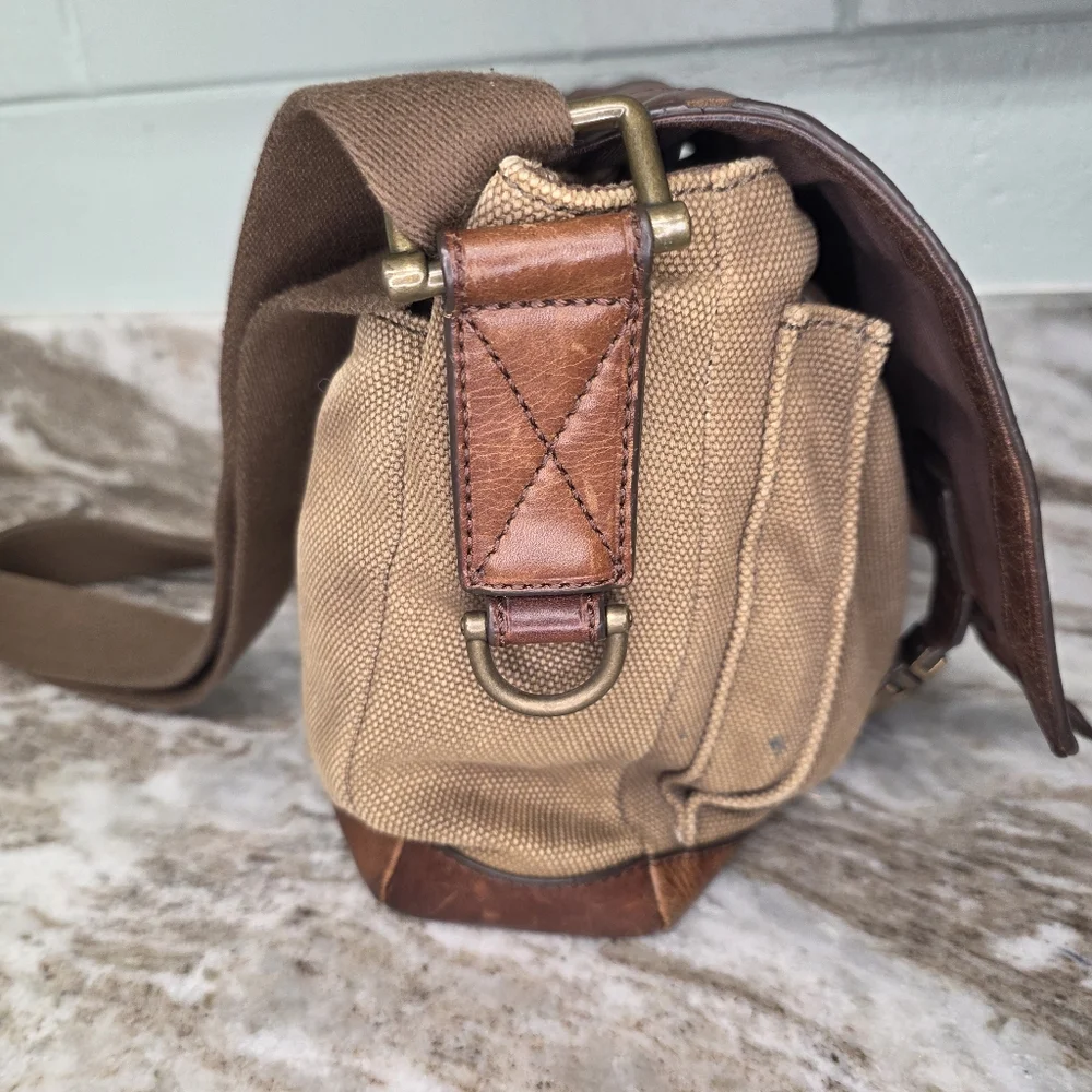 Fossil Brown Leather and Tan Canvas Messenger Bag